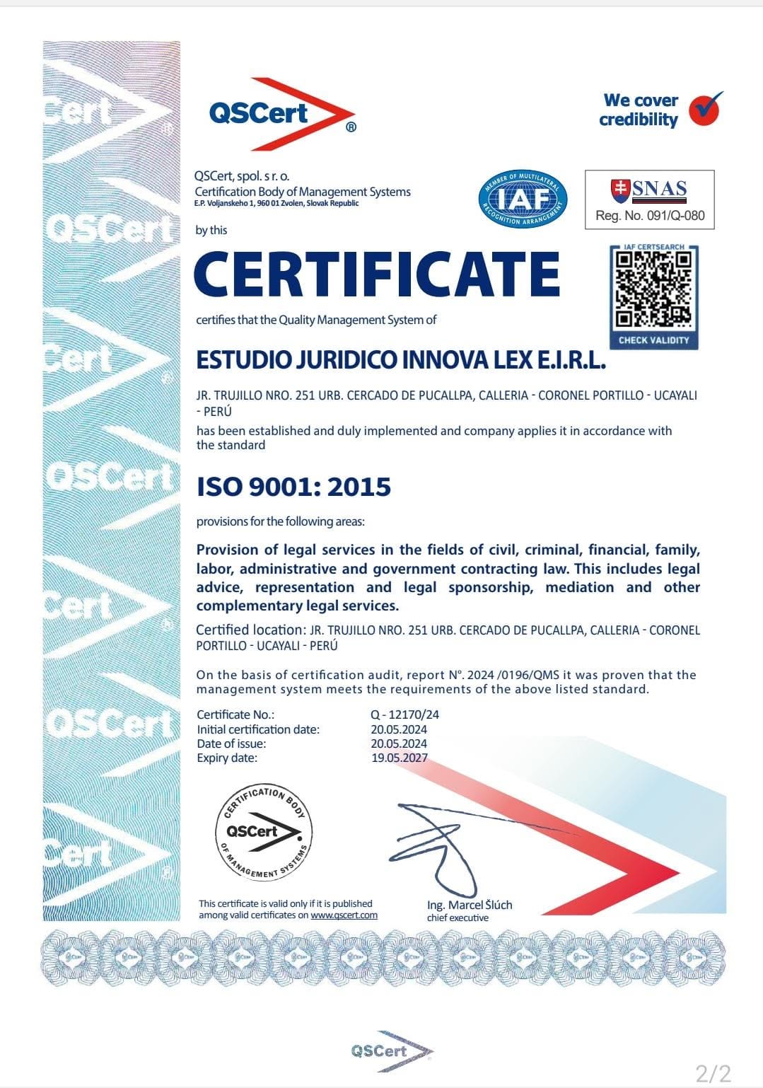 Certificado ISO 9001:2015 del Estudio Jurídico Innova Lex